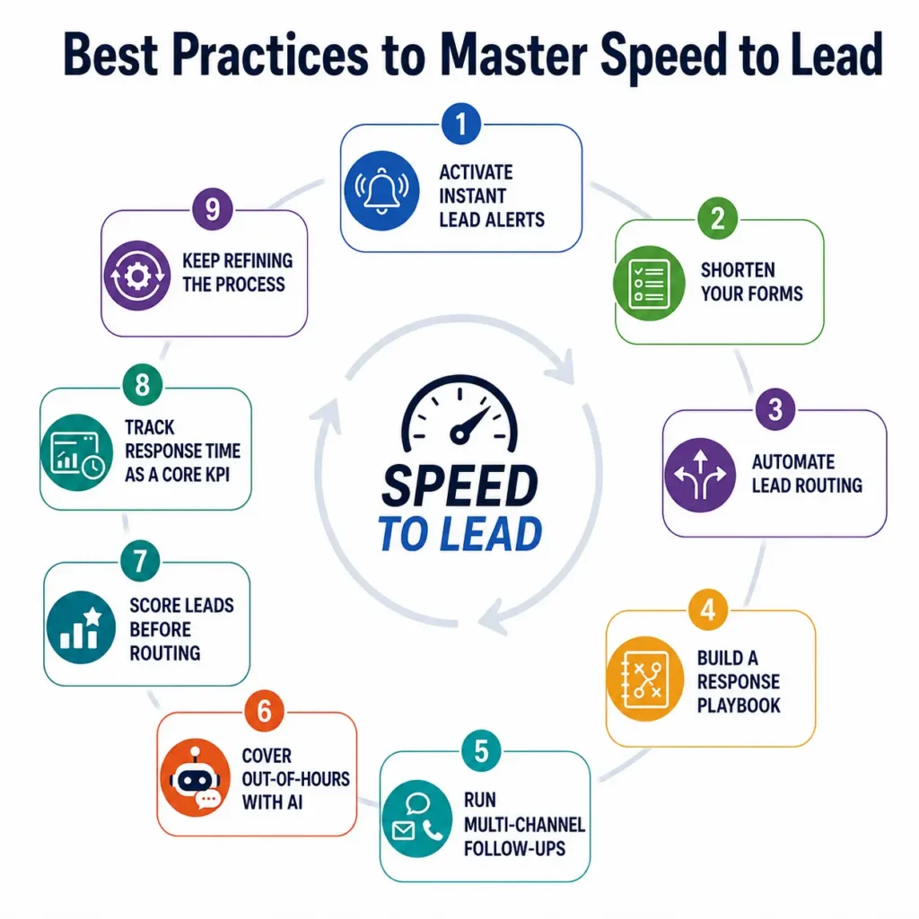 Infographic showing best practices for improving speed to lead through automation, lead routing, alerts, AI, and CRM response tracking