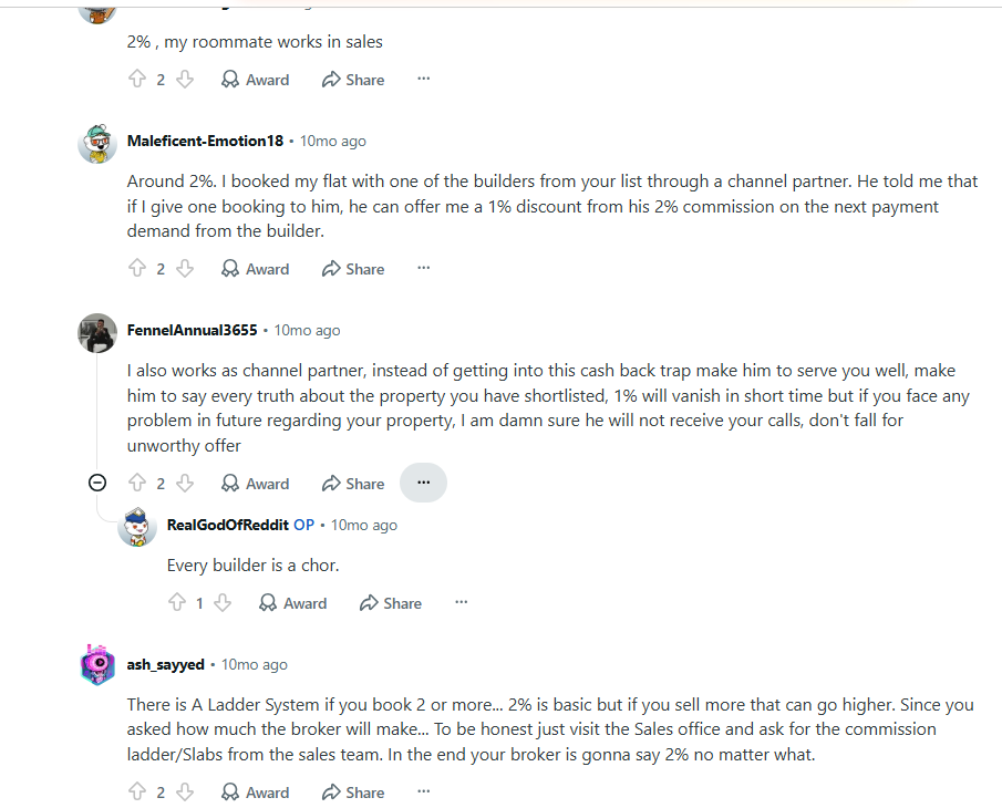 reddit chat screenshot showing people answering to "How much commissions does real estate brokers/channel partners earn for selling flats?"