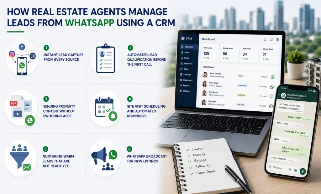 WhatsApp CRM interface for real estate lead management and automation.