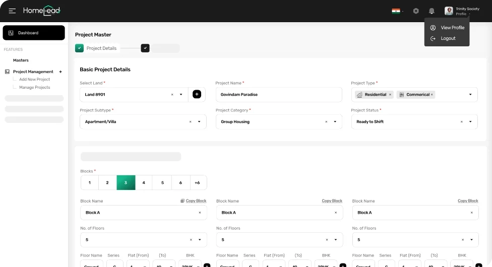 Homelead CRM Project Management Dashboard