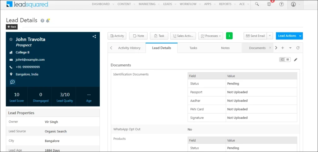 Leadsquared Lead details dashboard