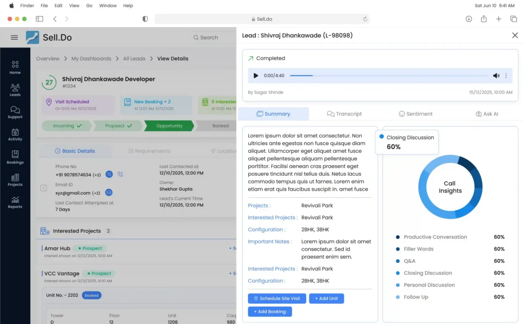 Sell.do call summary dashboard view 