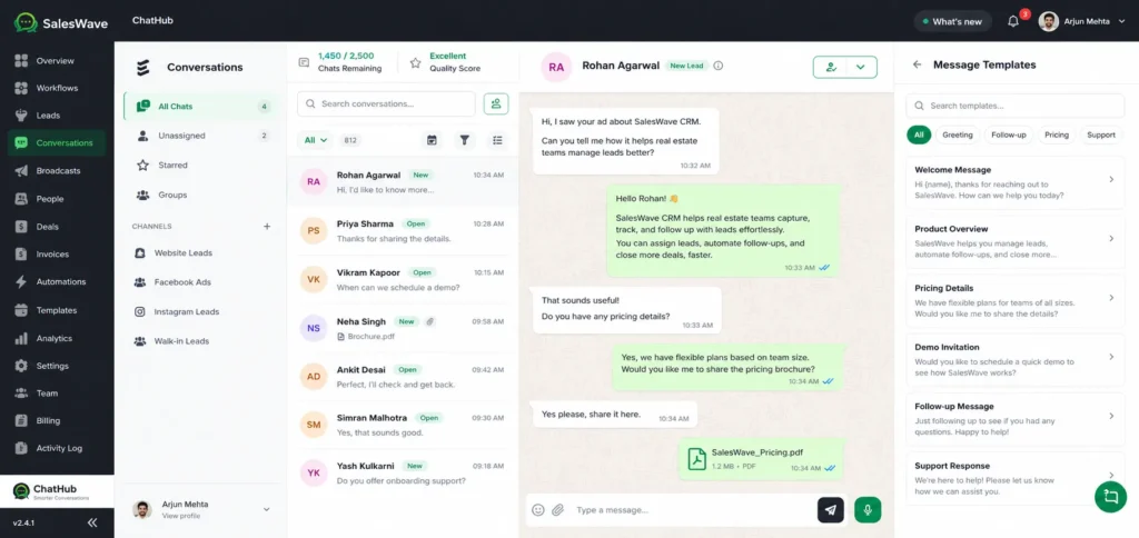 Leadrat Engageto Whatsapp integration Dashboard
